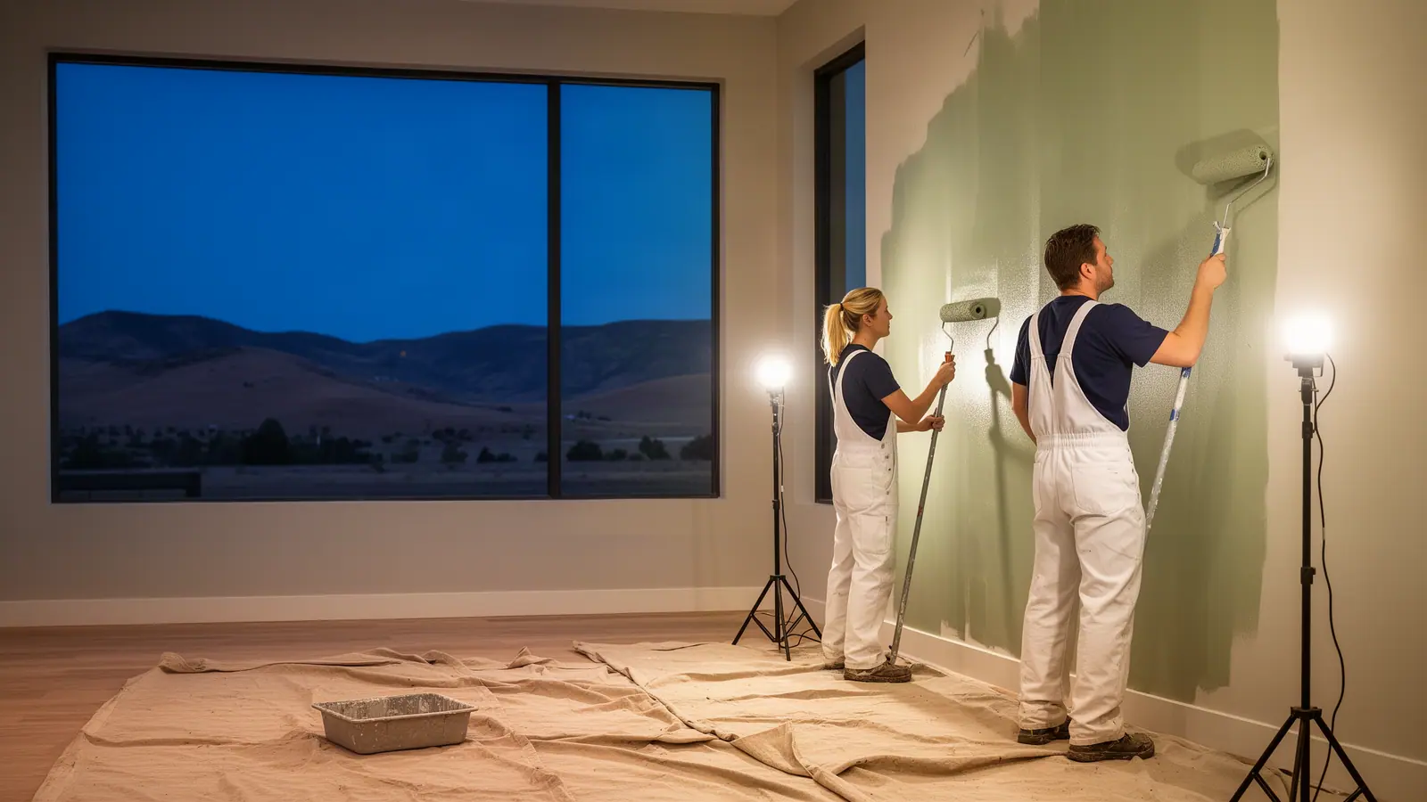 Two painters rolling a fresh pale-sage coat onto a tall wall under work lights in a new great room at dusk.